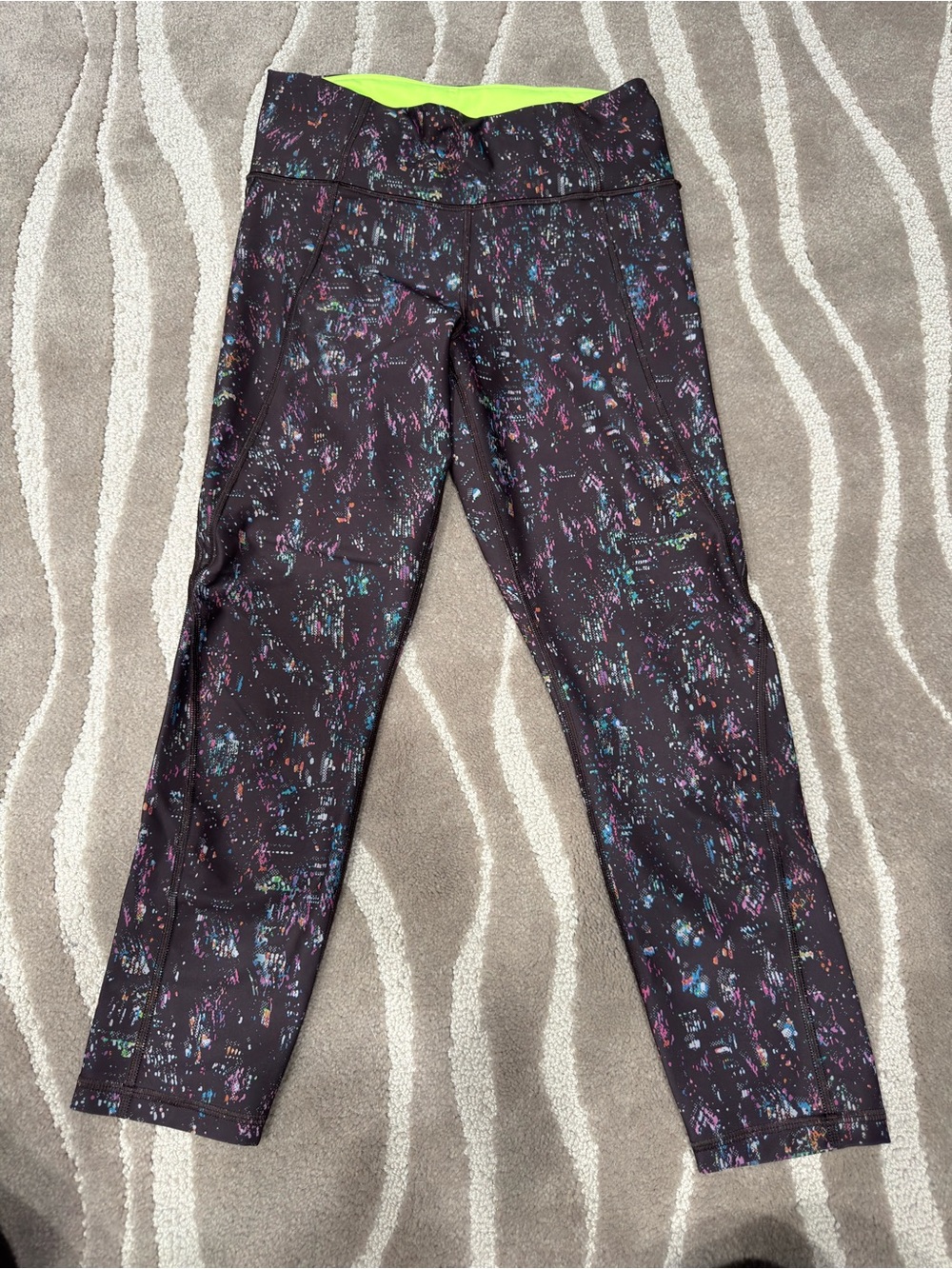 Athleta Women’s Black Multicolor Active Leggings with Neon Waistband